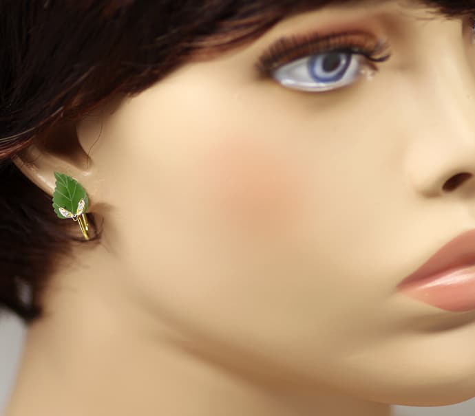 Foto 2 - Ohrringe mit grünen Blättern und Diamanten 14K Gelbgold, R9914